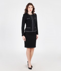 Costum office dama din bucle negru cu lana si alpaca cu garnitura