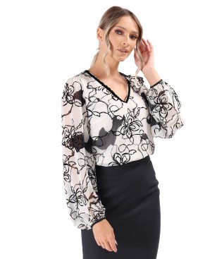 Bluza lejera din voal cu motive florale brocat cu catifea