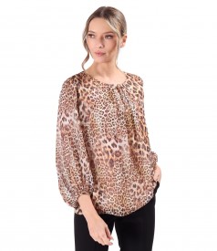 Bluza cu falduri la decolteu din voal cu animal print si fir de lurex